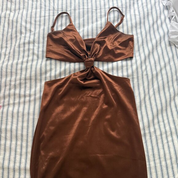 Just Quella Dresses & Skirts - Just Quella Shiny Brown Mini Bodycon Dress